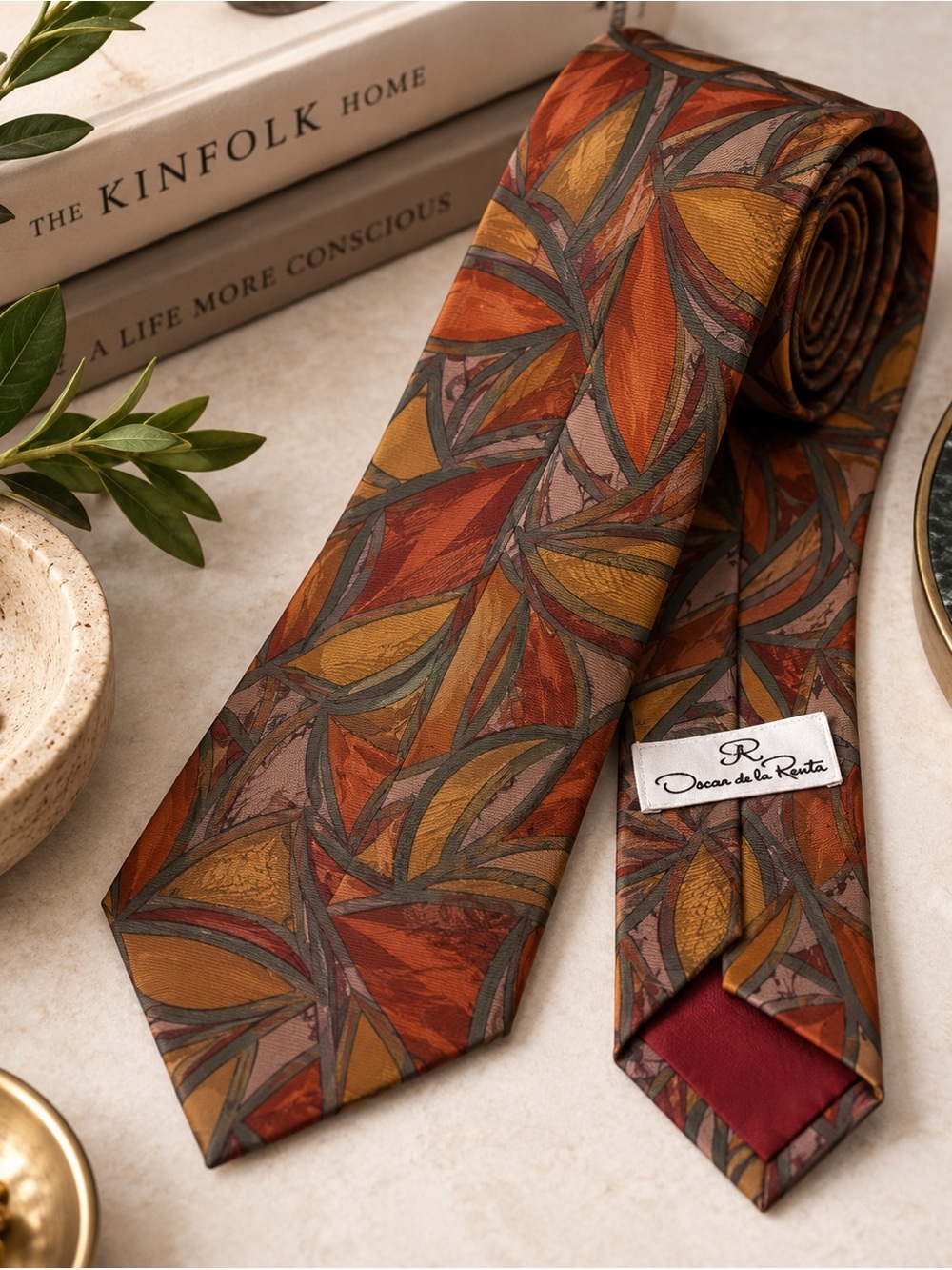 Vintage Oscar de la Renta 100% Silk Tie Abstract Geometric Rust Brown Italian